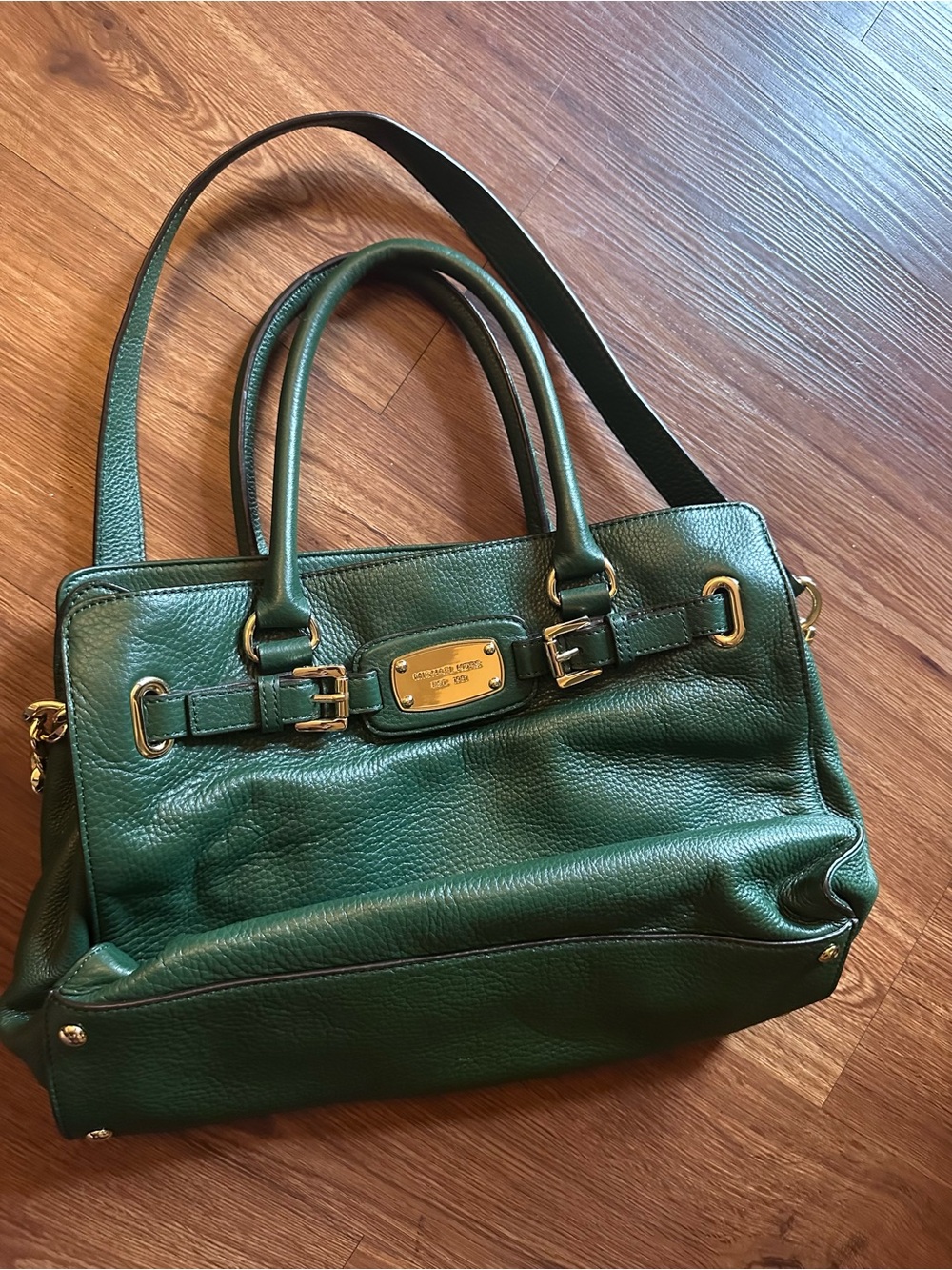 Michael Kors Dark Green Pebbled Leather Hamilton Bag Satchel with Gold Hardware